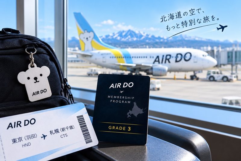 AIR DOの搭乗券とGRADE 3のカードが窓辺に置かれた写真